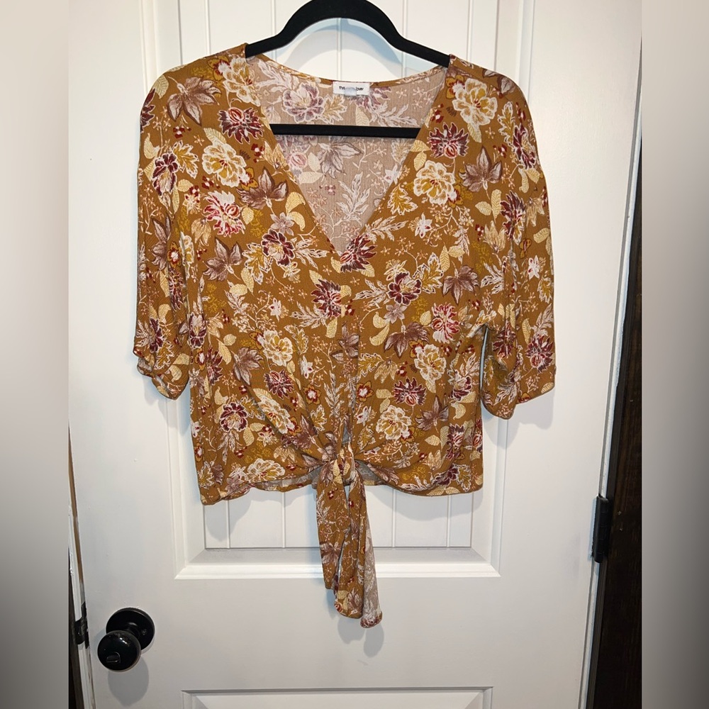 Thread & Clover Tie-Front Floral Blouse in Mustard